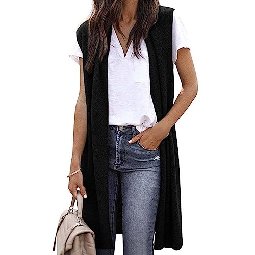 Chaleco largo de punto para mujer, chaleco ligero sin mangas, elegante, fino, frente abierto, sin mangas,...