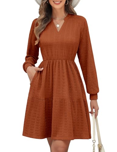 PASUDA Vestido Mujer Manga Larga Vestidos Elegante Midi de Punto Primavera Oto&ntilde;o Cuello en V Cintura...