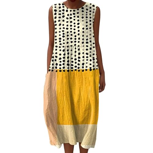 Udbeksid Vestido Mujer Estivo Boho Chic - Abito sin Mangas Largo de Lino Estampado y Bolsillos, Suave...