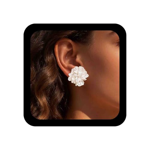 Cybche Pendientes Boho Flores Acr&iacute;lico Blanco Camelia - Joyer&iacute;a Resina Mujeres