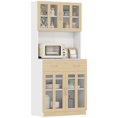 HOMCOM Alacena de Cocina Alta, Mueble Auxiliar de Cocina, con 4 Puertas de Vidrio, Encimera Abierta para...