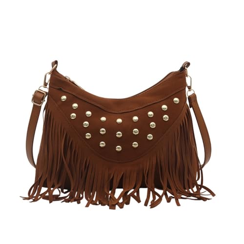 2026 Bolso bandolera de moda para mujer, estilo retro, con flecos y remaches para uso diario, marr&oacute;n,...