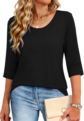 Crewhpo Camiseta Manga 3/4 Mujer Cuello Redondo B&aacute;sica Top Elegante T&uacute;nica Blusas Color S&oacute;lido Verano...