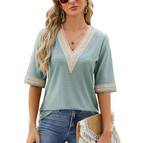 Atxnn Camiseta Mujer de Manga Media Blusas Boho con Cuello en V Camisa Elegante con Encaje Tops de Verano...