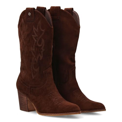 96378 Bota Campera con Tacon, Comodas, Bordado en Cana y Empeine, Estilo Vaquero Cierre de Cremallera,...