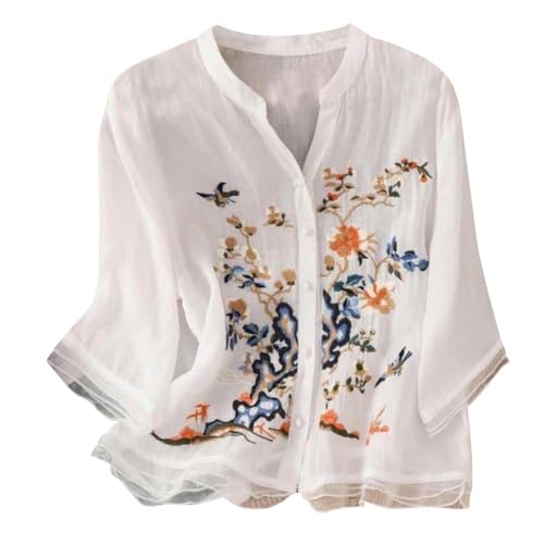 Camisas Mujer Manga Corta Bordado Verano Algod&oacute;n y Lino Talla Grande Camiseta Basica Ligera Cuello V...