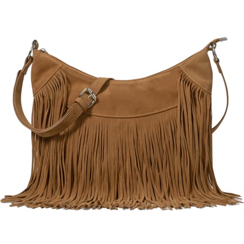 Sunwel Fashion - Bolso tipo hobo con flecos para mujer, bolso de hombro de gamuza vegana con borlas,...