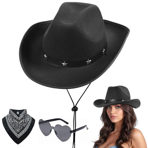 Aomig Sombrero de Cowboy, 3Pcs Sombrero Vaquero Hombre con Bandana y Gafas de Amor, Cowboy Hat Hombre...