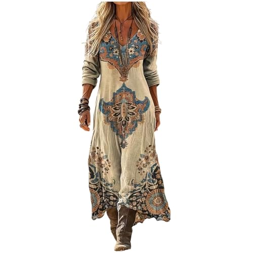 Vestido Largo Mujer Bohemio Chic Boho Estampado Floral Manga Larga Escote En V Vestido Vintage Casual...