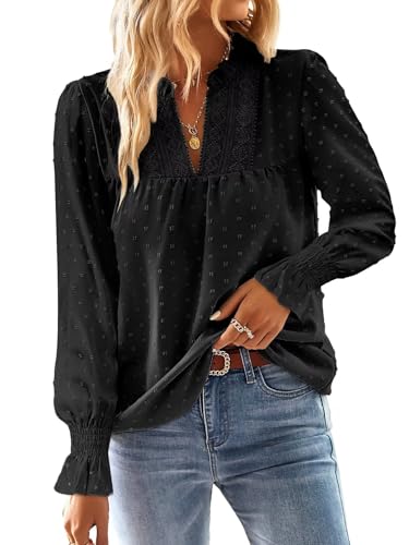 TUUHAW Camisa Mujer Manga Larga Boho Blusa Otoño Elegante con Cuello en V 2025 Moda Bordado Encaje...