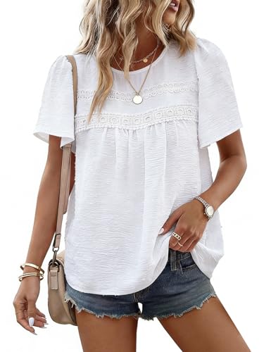 CMTOP Camisa Mujer Verano Boho Blusa Elegantes Cuello Redondo Manga Corta Encaje Casual Ropa T&uacute;nica Tops...