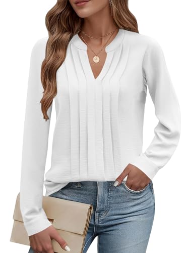 Cuptacc Blusa Mujer Manga Larga Cuello en V Camisa Mujer Color Sólido Suelta Camisetas Boho Tops Blanco,...