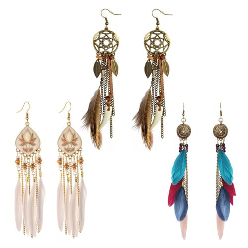Pendientes de Plumas Bohemios con Borlas, 3 Pares de Flecos Sint&eacute;ticos, Colgantes Largos y Coloridos...