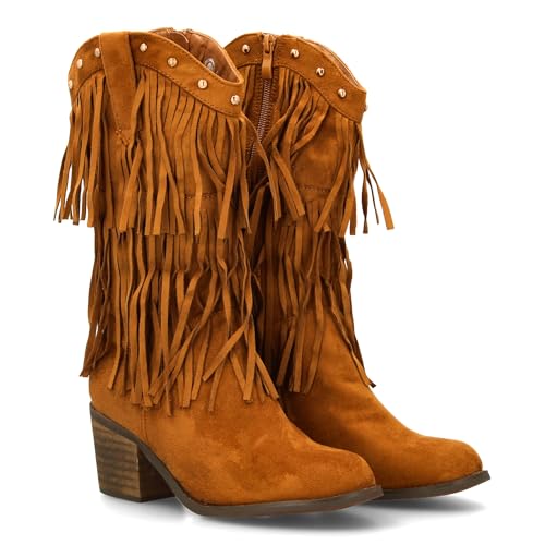 95127 Bota Cowboy con Flecos para Mujer. Acabado Tipo Ante, Tachuelas metalicas, Tacon Ancho Comodo....