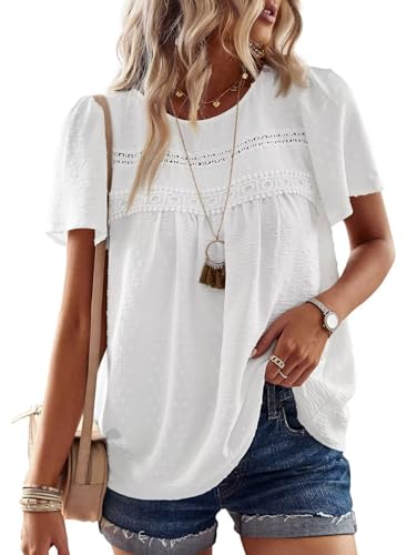 TUUHAW Blusa con Cuello Redondo Boho Verano Camiseta Mujer Suelto Casual Elegante T&uacute;nica Encaje Manga...