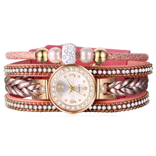 JewelryWe Reloj de Pulsera Trenzado de Cuero para Mujer, Reloj Anal&oacute;gico de Cuarzo con Diamantes, Reloj...