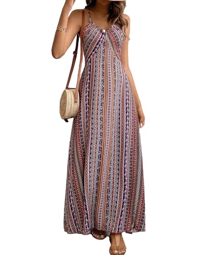 JENJON Mujer Vestido de Verano Sin Mangas Cuello en V Falda Larga Estampada de Tirantes Playa Vestido de...