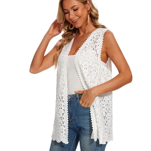 SMDPPWDBB Cárdigan de encaje de ganchillo floral para mujer, sin mangas, con frente abierto, V-10blanco,...