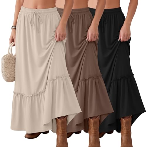 Ficerd Pack de 3 Faldas Maxi Boho para Mujer, Falda Larga de Capas con Volantes, Cintura Alta con...