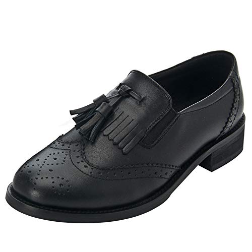 ANUFER Mujer Piel Genuina Borla Mocasines Elegante Brogues Slip-On Zapatos de Sal&oacute;n SN02770 Negro EU38