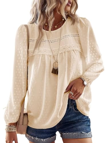 TUUHAW Ropa de Mujer Boho Manga Larga Camiseta Oto&ntilde;o con Cuello Redondo Encaje Informal T&uacute;nica Suelto...
