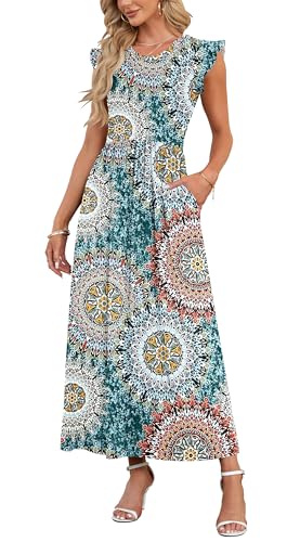 AUSELILY Vestido Largo Bohemia Mujer Casual Manga Corta Vestido de Verano dos Bolsillo Cuello Redondo...