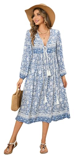R.Vivimos Elegante Casual Mujer Bohemio Vestido Largo Estampado Corbata Manga Larga Vestido de Midi de...