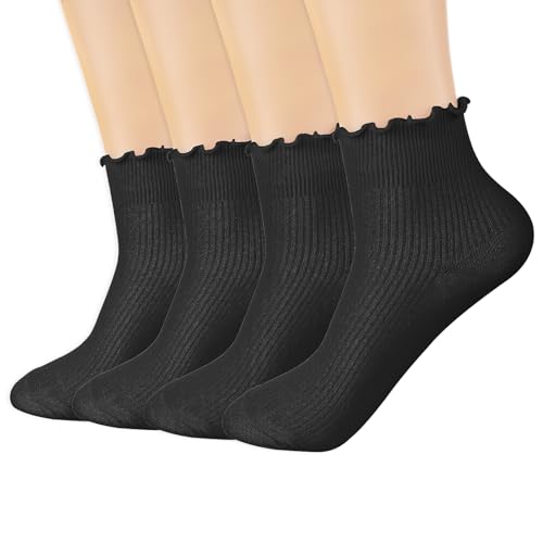 Yolev 4 Pares Calcetines con Volantes para Mujer Calcetines Negro de Algodón Calcetines Informales con...