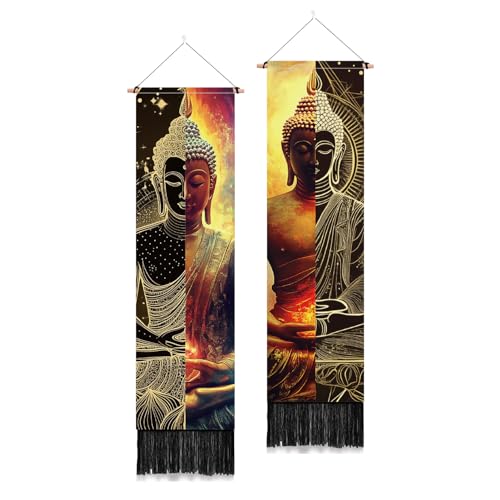 PLIGREAT Juego de 2 tapices de Buda con borlas, decoraci&oacute;n zen vertical, largo y estrecho, para colgar...