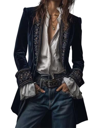 BeerMmay Chaqueta larga bordada vintage en poli&eacute;ster azul marino de terciopelo, con cuello en V bordado,...