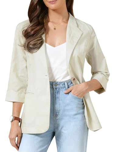 Allegra K Blazers Casuales para Mujer Chaqueta de Traje de Lino y Algod&oacute;n Ligero de Manga 3/4 de Verano...