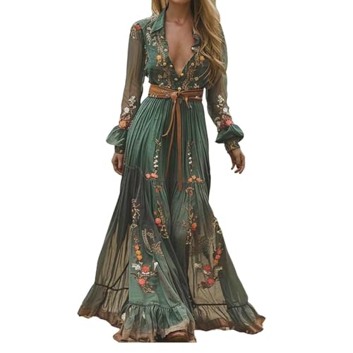 tinetill Vestido Largo Mujer Verano Boho Elegante Maxi Cuello V Estampado Floral Vestido de Playa Fiesta