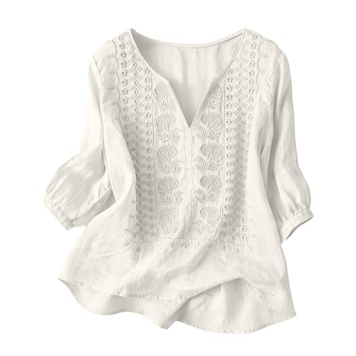 Camisa de Lino para Mujer con Bordado Tradicional Verano 2026,Camiseta Manga Corta Mujer,Blusa Fresca de...