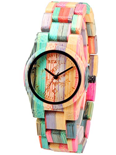 Alienwork Reloj Mujer abigarrado Pulsera de Madera Bamb&uacute; Natural Hecho a Mano