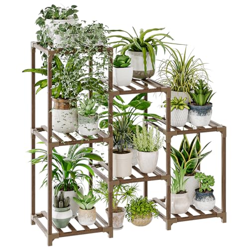 Bamworld Soportes para plantas de interior, estante escalonado de madera para plantas al aire libre para...