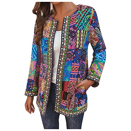 Generisch ~2025 Mujer Boho Cardigan Moda Ocio Retro Estampado Abrigo de Manga Larga Suelto con Bolsillos...