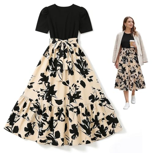 Cloxtralon - Vestido de Mujer de Manga Corta con Cuello Redondo de Verano Elegante Boho Largo Casual para...