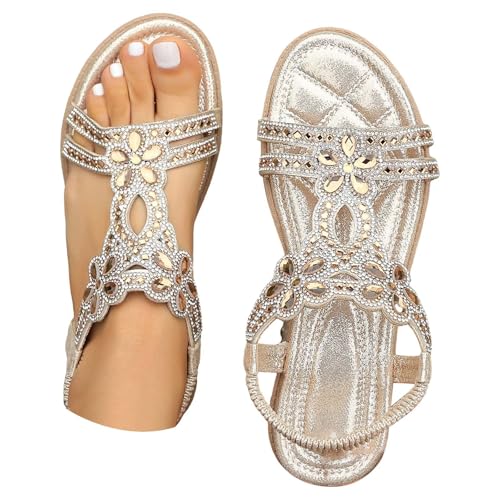 ZTFYKLIN Sandalias Sport Mujer Planas Informales Para Mujer, De Verano (Gold, 36) Con Tachuelas Boho...