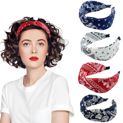 4 Piezas Diadema Mujer Paisley, Diadema Pelo Boho con Nudo, 4 Colores Diademas de Moda El&aacute;stica Anchas,...