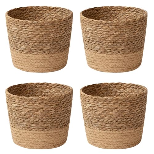 Glayent 4X Maceta de Flores Tejida de Paja, Cesta de Mimbre, Cesta de Almacenamiento de Maceta de Rat&aacute;n,...