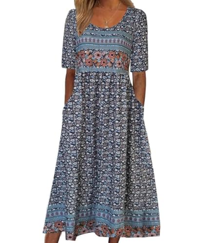 ABINGOO Mujere Vestidos de Verano Cuello Redondo Manga Corta Bohemio Floral de Playa Casual Midi Vestido...
