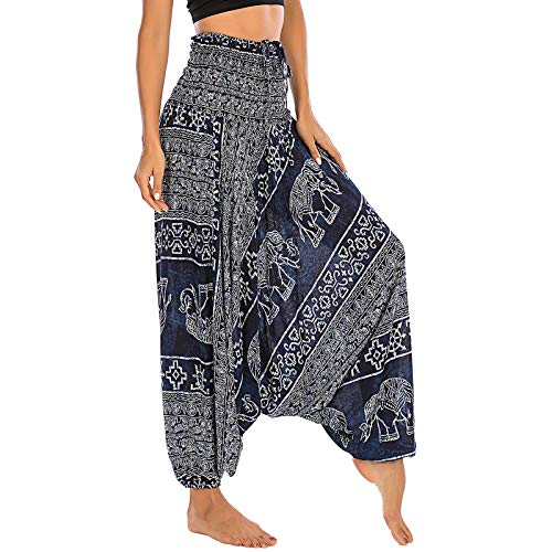 Nuofengkudu Mujer Harem Pantalones Jumpsuit Boho Cintura Alta Verano Playa(S-Elefante Azul Oscuro)