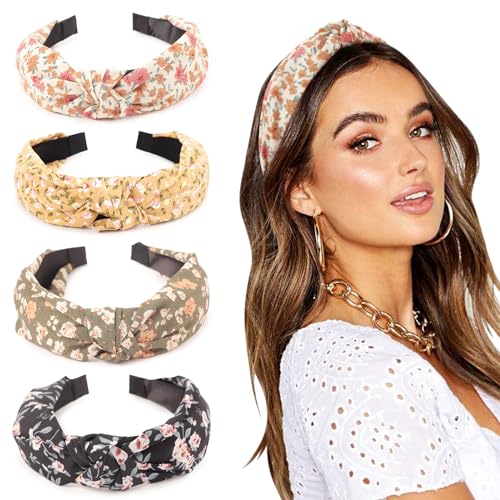 DRESHOW 4 Piezas Diademas para Mujeres y Ni&ntilde;as Flor Impreso Anudado Pl&aacute;stico Diadema Moda Boho Ancho...