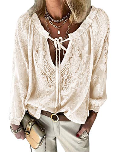 shownicer Mujer Camisas Túnica de Manga Larga Boho Blusa Camiseta de Encaje Suelta Casual Patchwork...