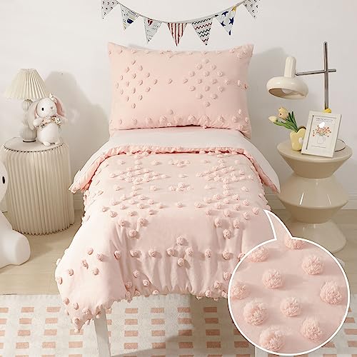 Juego de Ropa de Cama para ni&ntilde;as peque&ntilde;as, 4 Piezas, Jacquard Rosa con Pompones, Bohemio, Bohemio,...