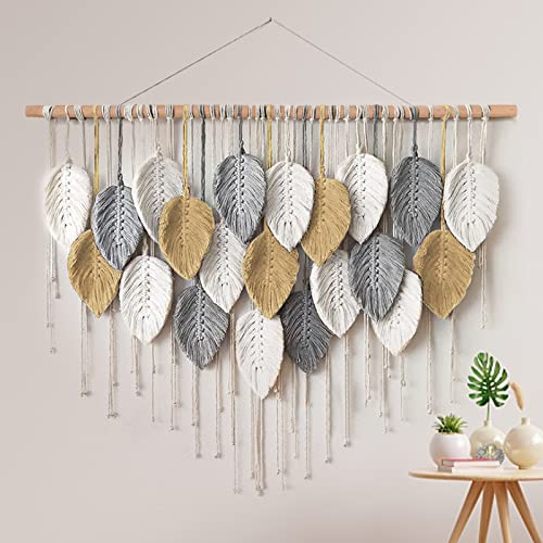 Weldomcor Macram&eacute; Tapiz Grande Tejido Tapiz Boho Macram&eacute; Hoja Decoraci&oacute;n de Pared Pluma Chic Arte...