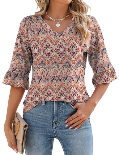 IECCP Blusa de mujer, túnica de manga 3/4 y cuello en V, camiseta de verano de manga larga, elegante e...