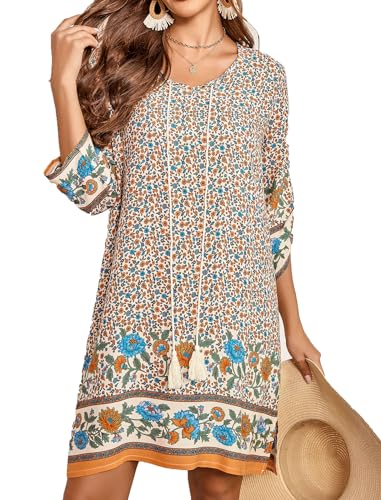 Zeagoo Vestido de verano para mujer, vestido bohemio, floral, manga 3/4, t&uacute;nica, minivestido, t&uacute;nica...