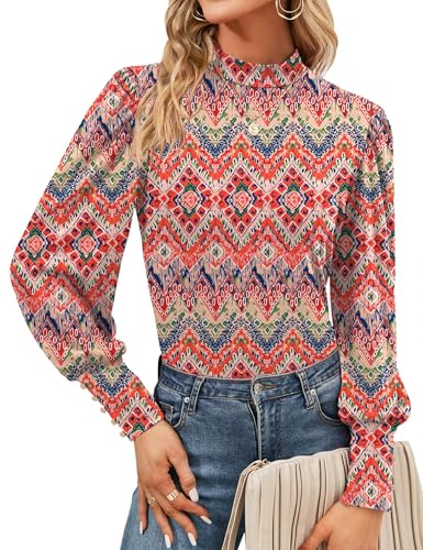 Tisfeer Blusa de manga larga para mujer, cuello alto, manga abombada, casual, puños con botones, túnica...