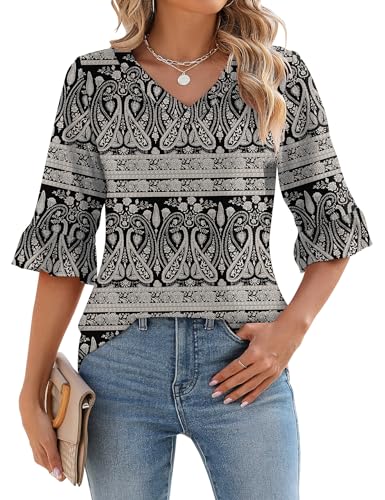 IECCP Blusa de verano para mujer, manga 3/4, cuello en V, elegante, casual, con volantes, Negro Boho,...